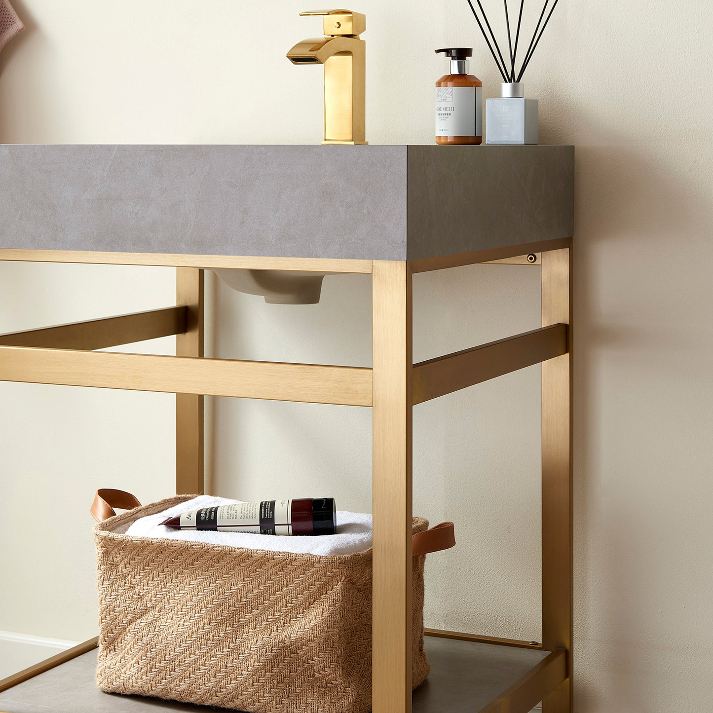 Vinnova, Funes 24" Single Sink Bath Vanity in Brushed Gold Metal Support with Grey Sintered Stone Top and Mirror