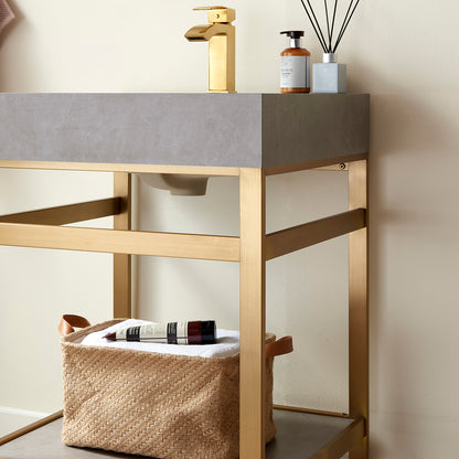 Vinnova, Funes 24" Single Sink Bath Vanity in Brushed Gold Metal Support with Grey Sintered Stone Top and Mirror