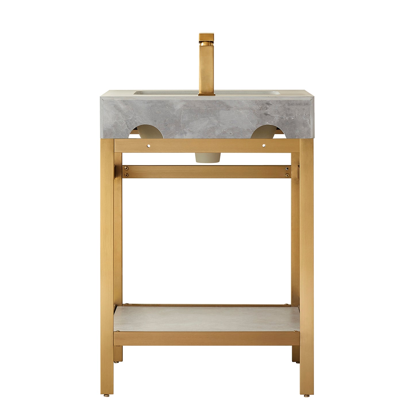 Vinnova, Funes 24" Single Sink Bath Vanity in Brushed Gold Metal Support with Grey Sintered Stone Top and Mirror
