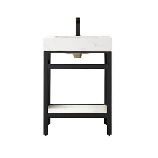 Vinnova, Funes 24" Single Sink Bath Vanity in Matt Black Metal Support with White Sintered Stone Top