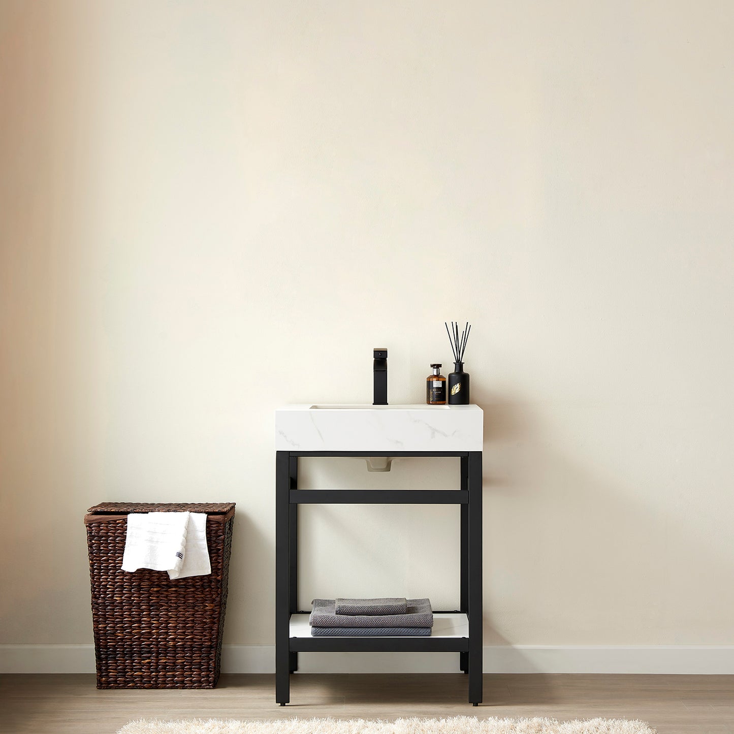 Vinnova, Funes 24" Single Sink Bath Vanity in Matt Black Metal Support with White Sintered Stone Top