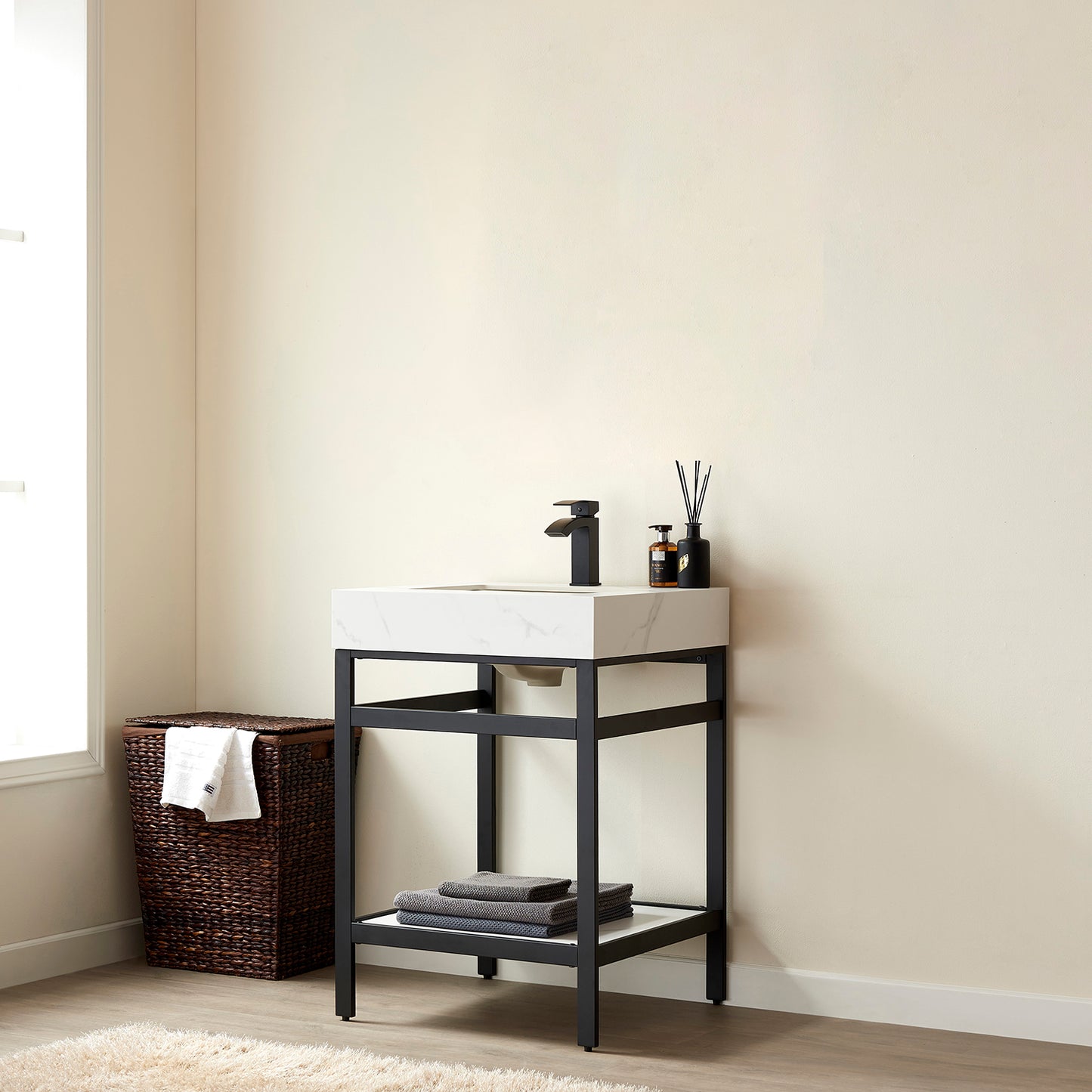 Vinnova, Funes 24" Single Sink Bath Vanity in Matt Black Metal Support with White Sintered Stone Top