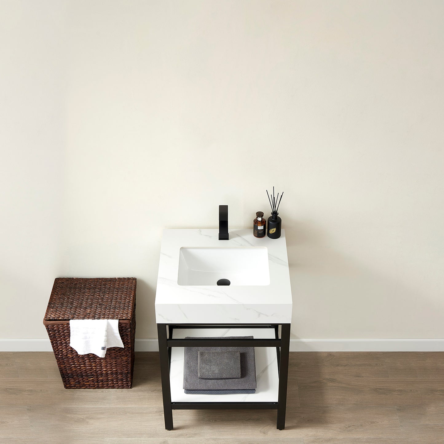 Vinnova, Funes 24" Single Sink Bath Vanity in Matt Black Metal Support with White Sintered Stone Top