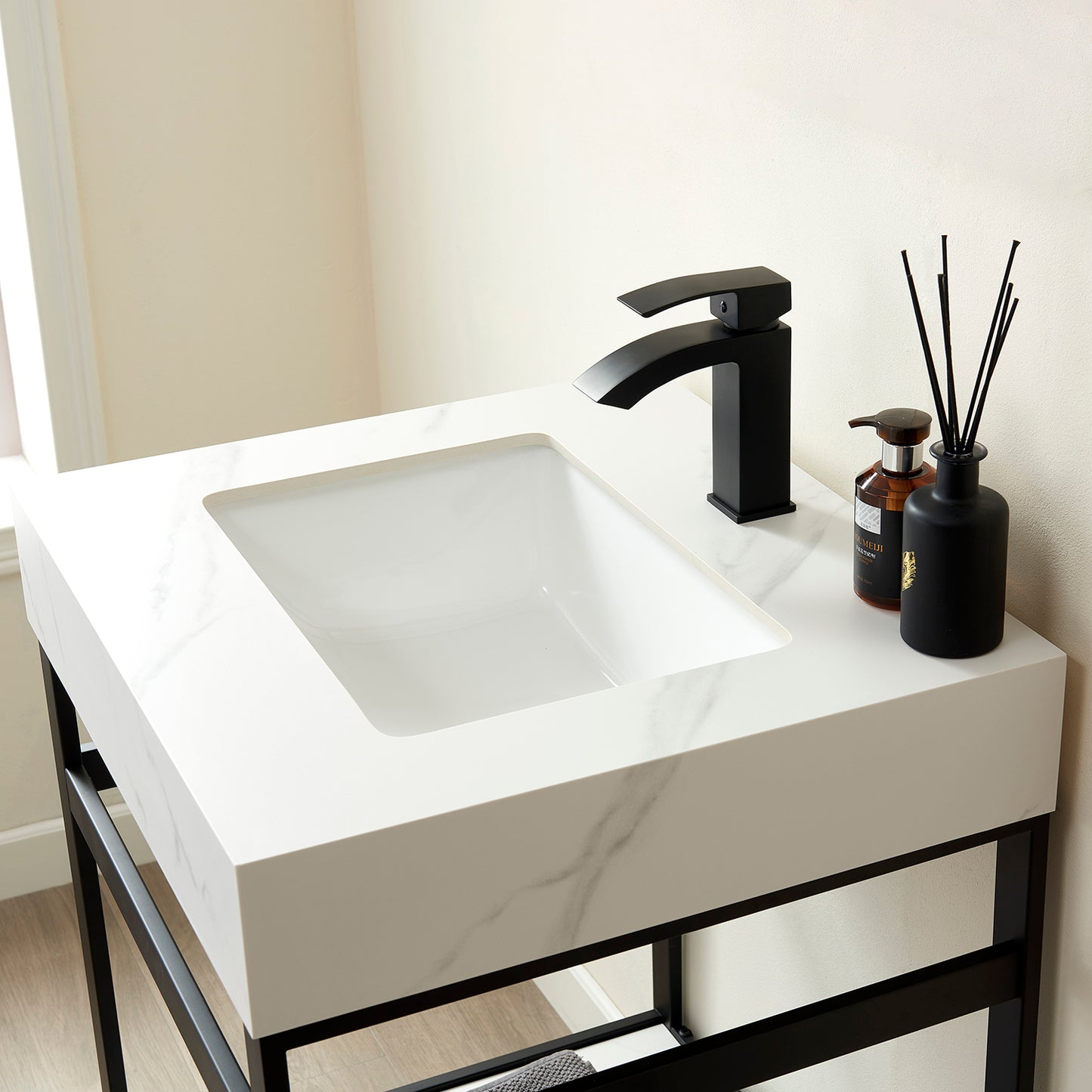 Vinnova, Funes 24" Single Sink Bath Vanity in Matt Black Metal Support with White Sintered Stone Top