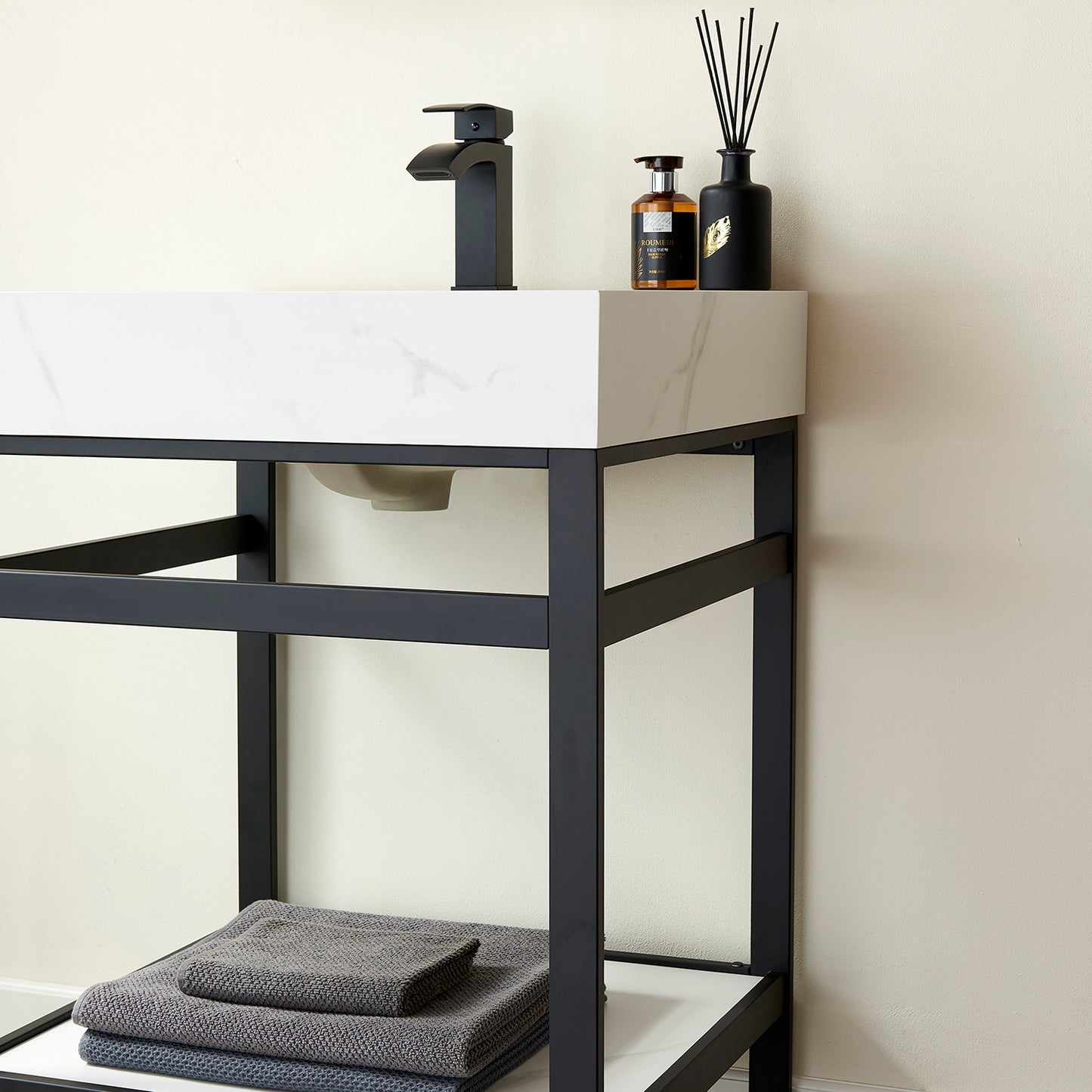 Vinnova, Funes 24" Single Sink Bath Vanity in Matt Black Metal Support with White Sintered Stone Top