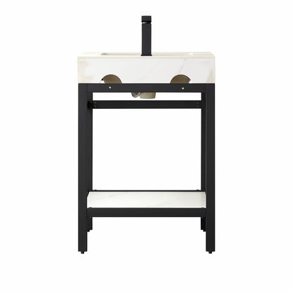 Vinnova, Funes 24" Single Sink Bath Vanity in Matt Black Metal Support with White Sintered Stone Top