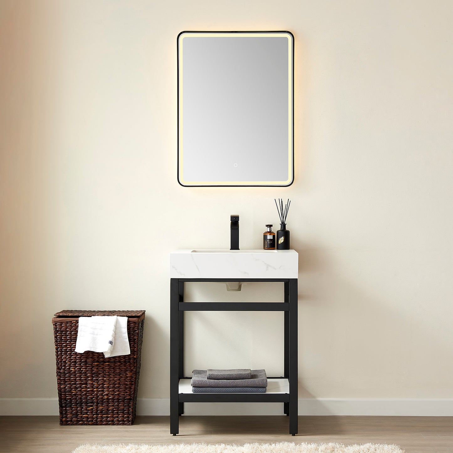 Vinnova, Funes 24" Single Sink Bath Vanity in Matt Black Metal Support with White Sintered Stone Top and Mirror