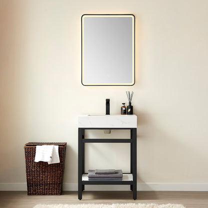 Vinnova, Funes 24" Single Sink Bath Vanity in Matt Black Metal Support with White Sintered Stone Top and Mirror