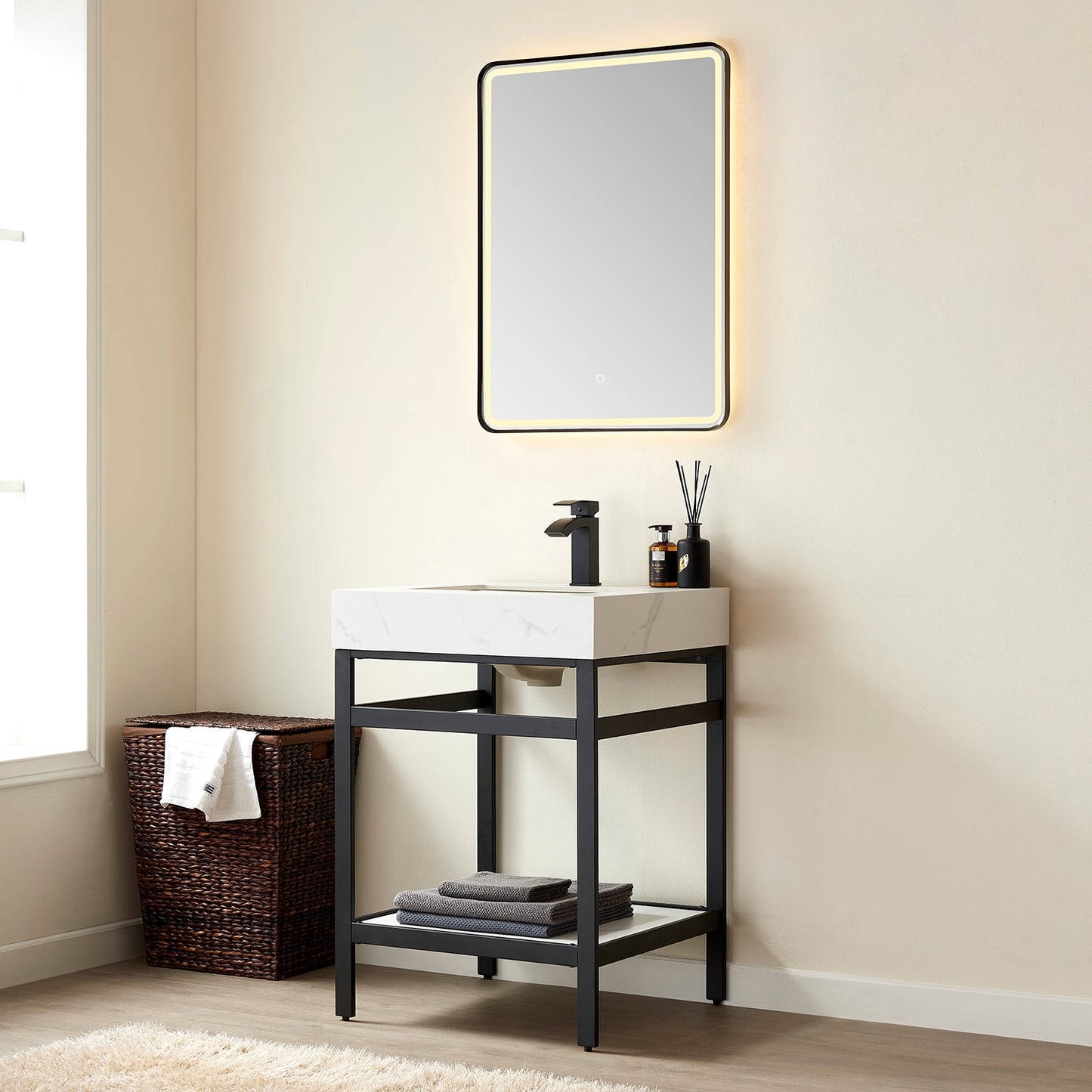 Vinnova, Funes 24" Single Sink Bath Vanity in Matt Black Metal Support with White Sintered Stone Top and Mirror