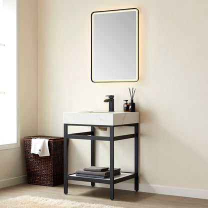 Vinnova, Funes 24" Single Sink Bath Vanity in Matt Black Metal Support with White Sintered Stone Top and Mirror