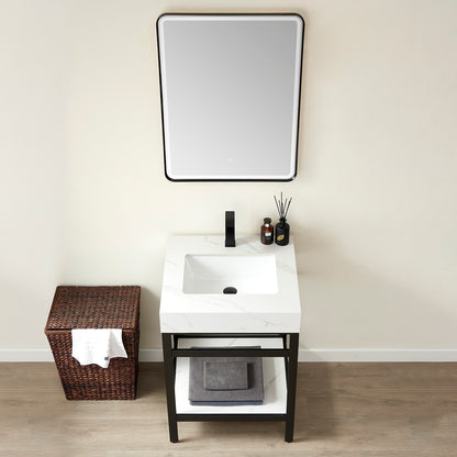 Vinnova, Funes 24" Single Sink Bath Vanity in Matt Black Metal Support with White Sintered Stone Top and Mirror