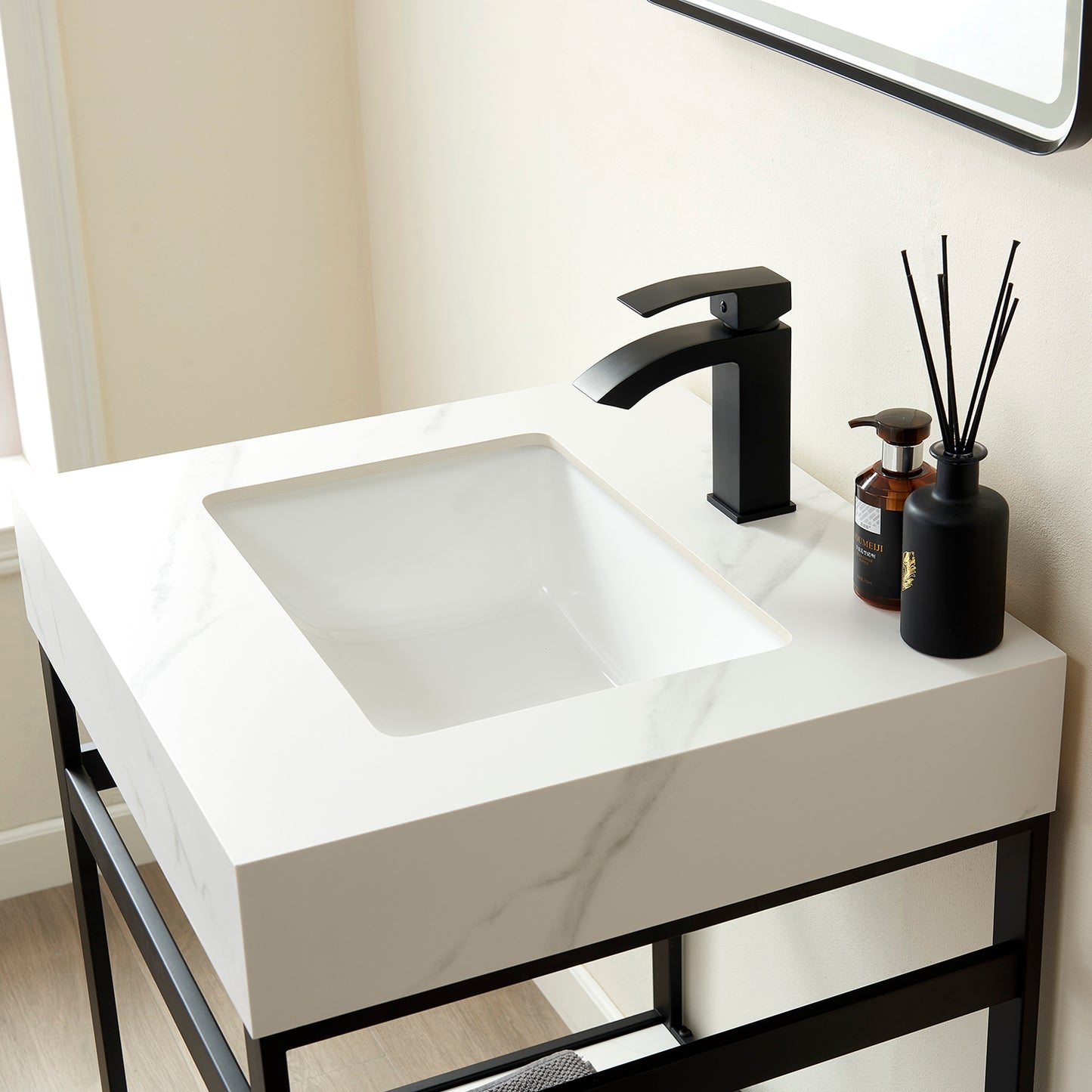 Vinnova, Funes 24" Single Sink Bath Vanity in Matt Black Metal Support with White Sintered Stone Top and Mirror