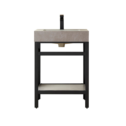 Vinnova, Funes 24" Single Sink Bath Vanity in Matt Black Metal Support with Grey Sintered Stone Top