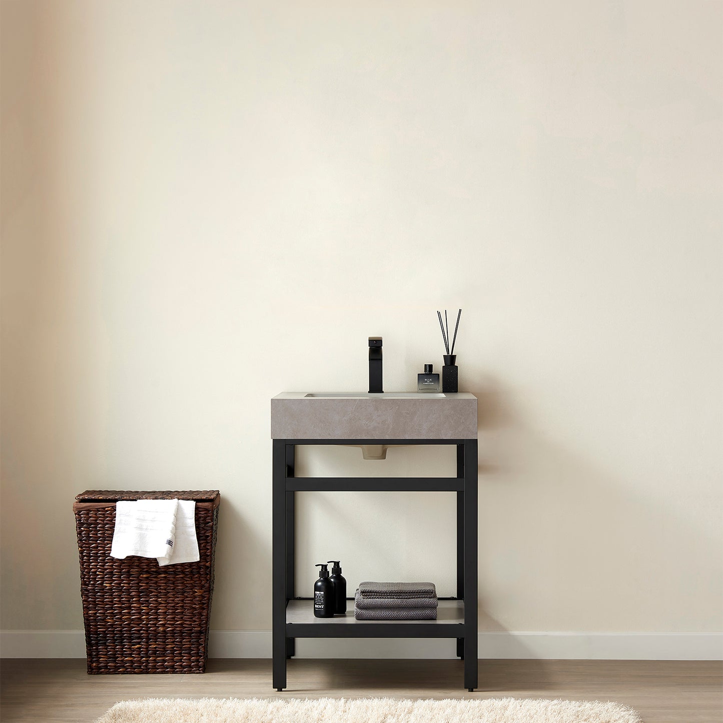 Vinnova, Funes 24" Single Sink Bath Vanity in Matt Black Metal Support with Grey Sintered Stone Top