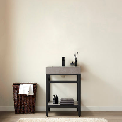 Vinnova, Funes 24" Single Sink Bath Vanity in Matt Black Metal Support with Grey Sintered Stone Top