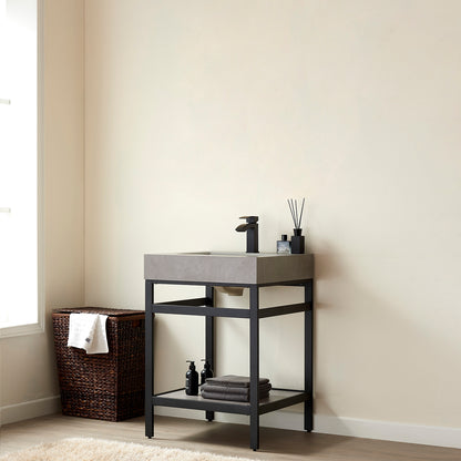 Vinnova, Funes 24" Single Sink Bath Vanity in Matt Black Metal Support with Grey Sintered Stone Top