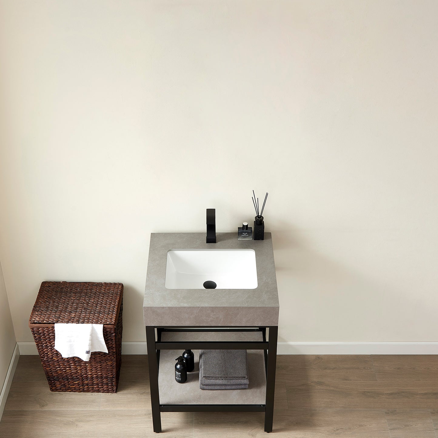 Vinnova, Funes 24" Single Sink Bath Vanity in Matt Black Metal Support with Grey Sintered Stone Top