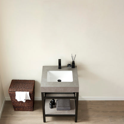 Vinnova, Funes 24" Single Sink Bath Vanity in Matt Black Metal Support with Grey Sintered Stone Top
