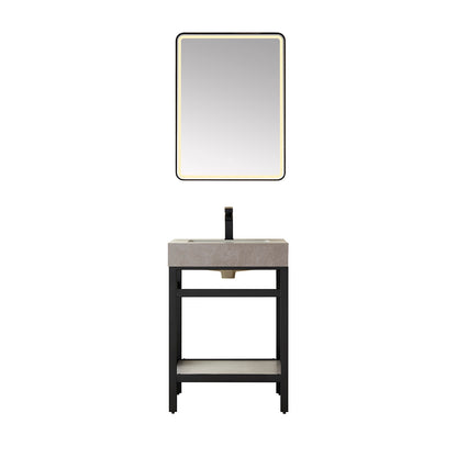 Vinnova, Funes 24" Single Sink Bath Vanity in Matt Black Metal Support with Grey Sintered Stone Top and Mirror