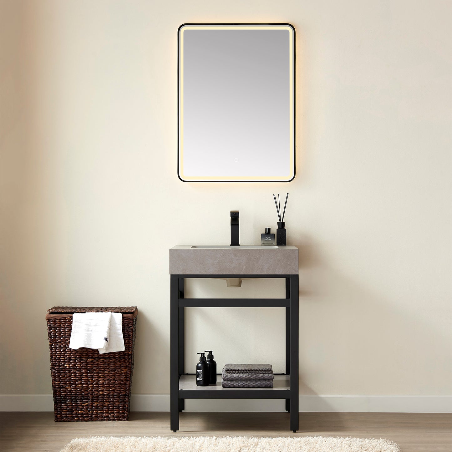 Vinnova, Funes 24" Single Sink Bath Vanity in Matt Black Metal Support with Grey Sintered Stone Top and Mirror