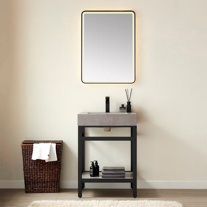Vinnova, Funes 24" Single Sink Bath Vanity in Matt Black Metal Support with Grey Sintered Stone Top and Mirror
