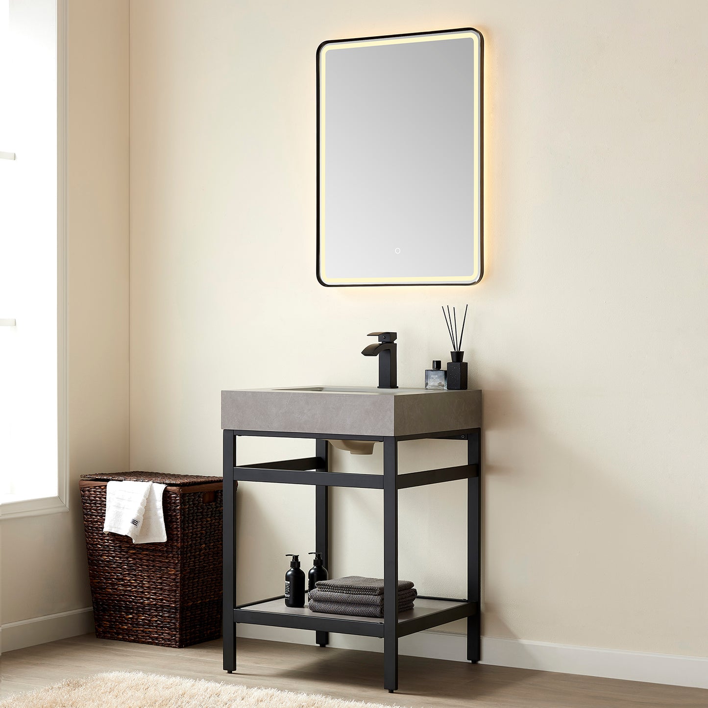 Vinnova, Funes 24" Single Sink Bath Vanity in Matt Black Metal Support with Grey Sintered Stone Top and Mirror