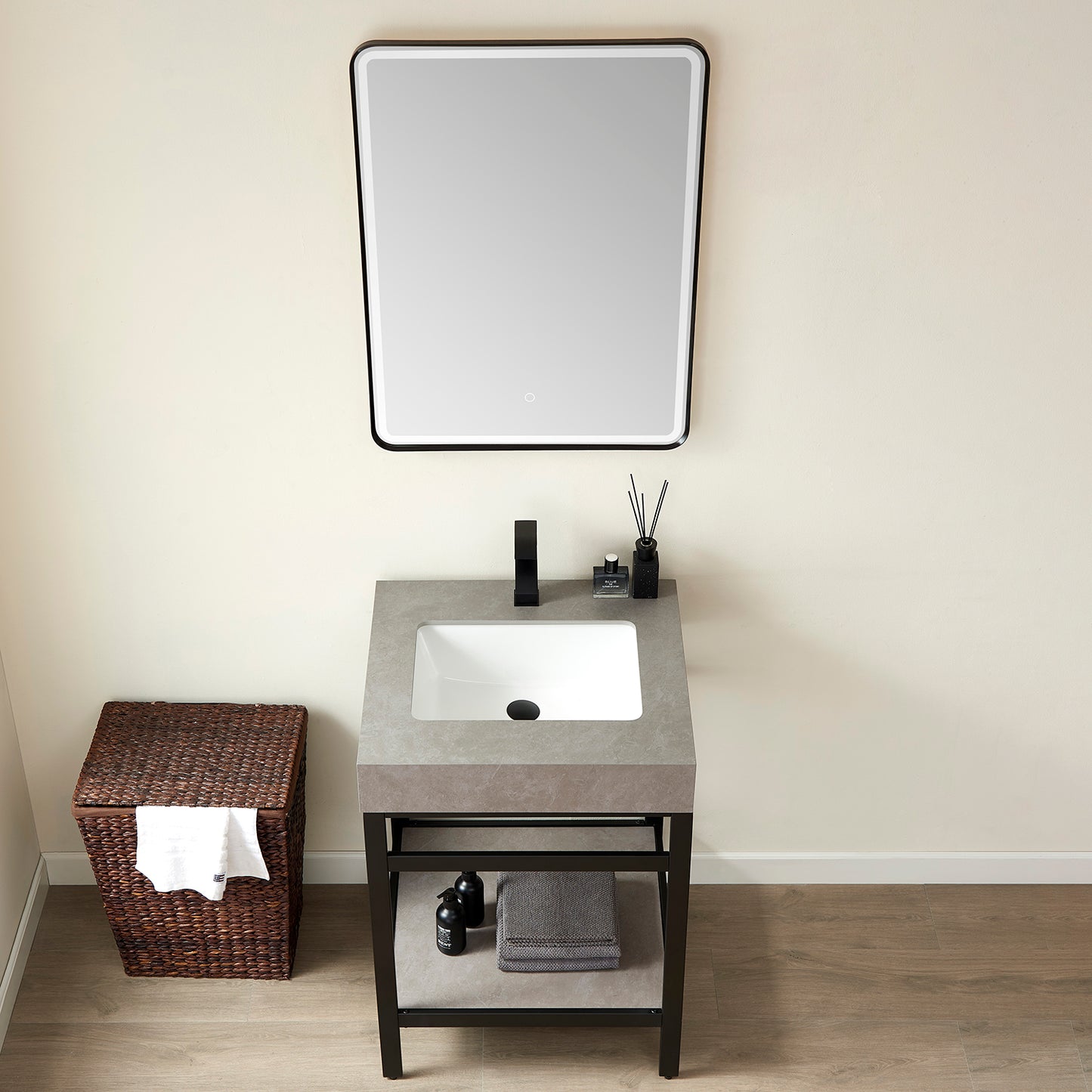Vinnova, Funes 24" Single Sink Bath Vanity in Matt Black Metal Support with Grey Sintered Stone Top and Mirror