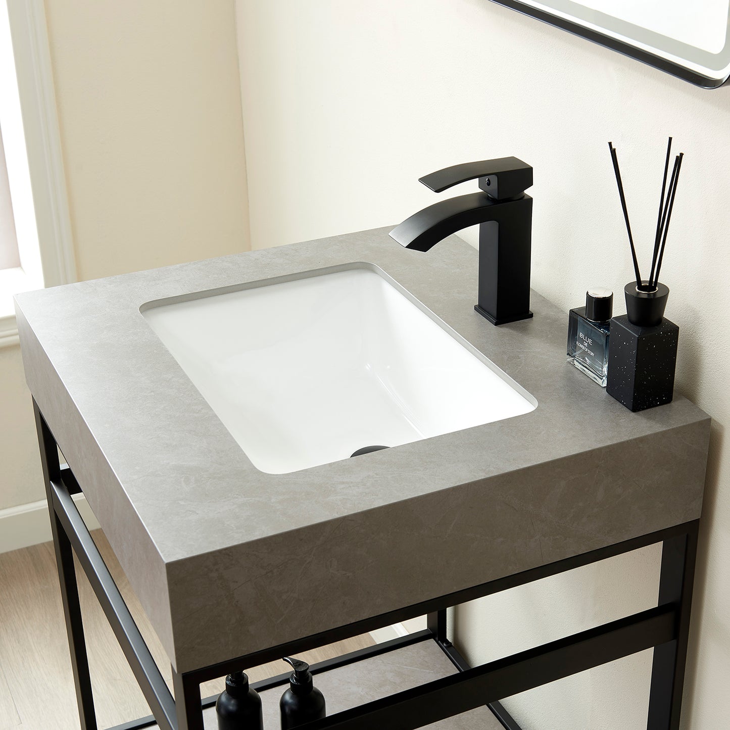 Vinnova, Funes 24" Single Sink Bath Vanity in Matt Black Metal Support with Grey Sintered Stone Top and Mirror