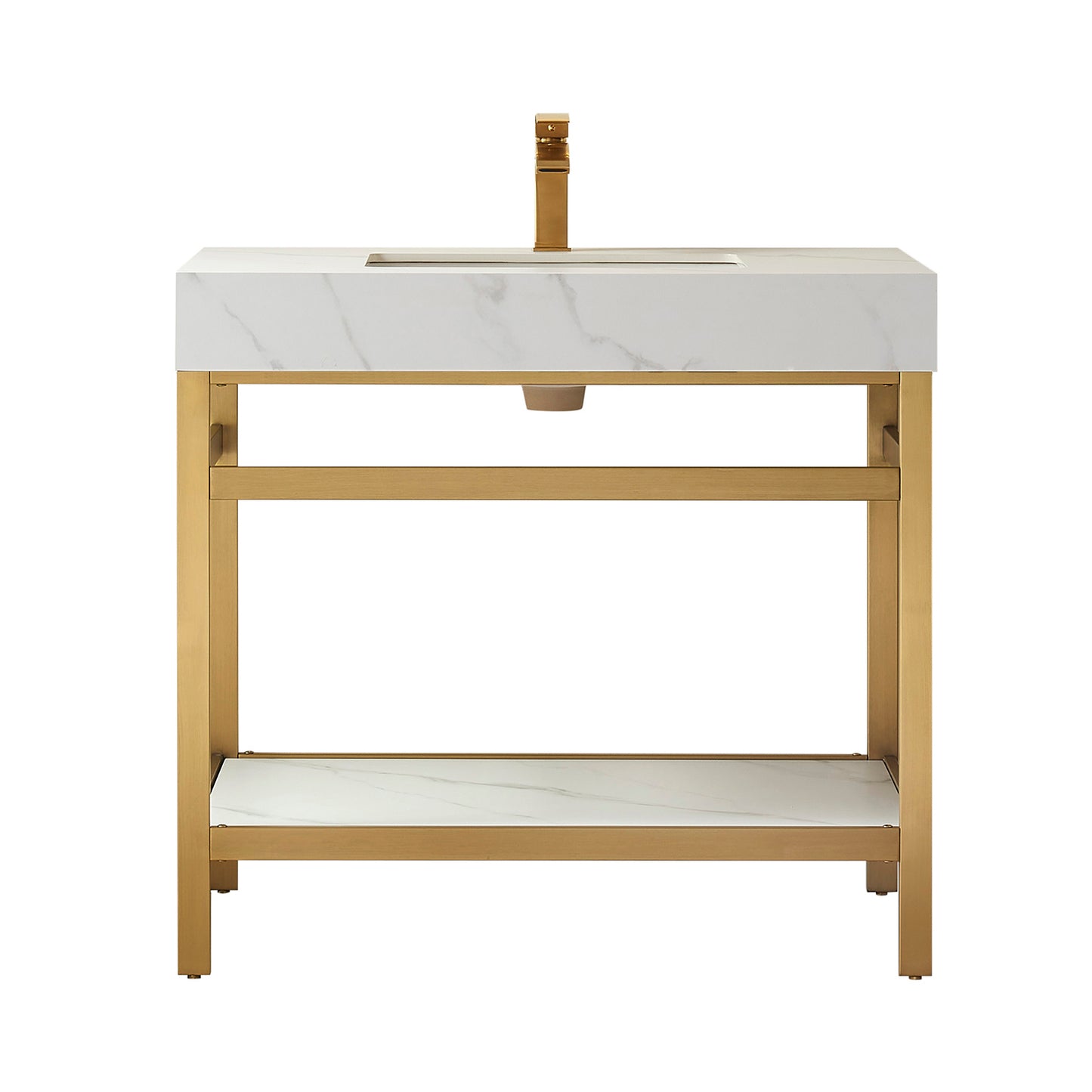Vinnova, Funes 36" Single Sink Bath Vanity in Brushed Gold Metal Support with White Sintered Stone Top