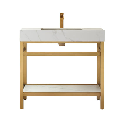Vinnova, Funes 36" Single Sink Bath Vanity in Brushed Gold Metal Support with White Sintered Stone Top