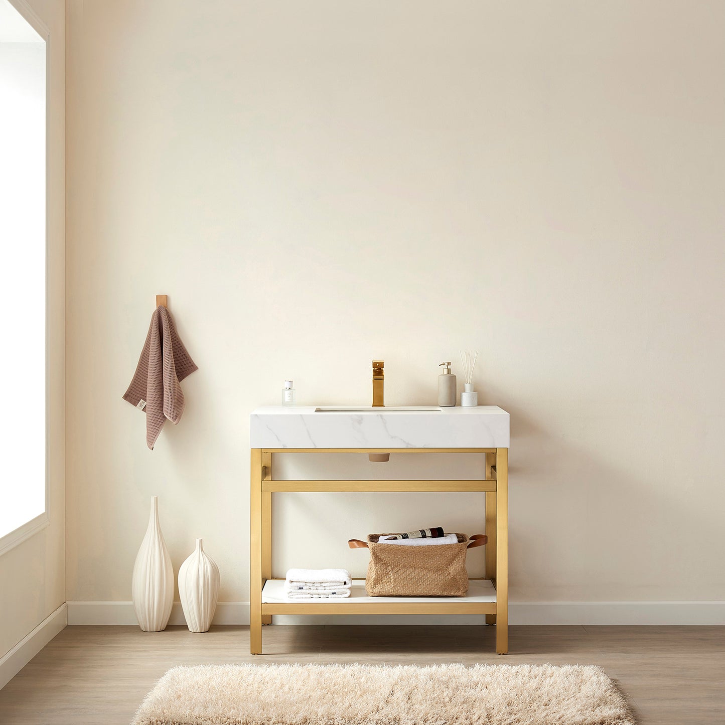 Vinnova, Funes 36" Single Sink Bath Vanity in Brushed Gold Metal Support with White Sintered Stone Top