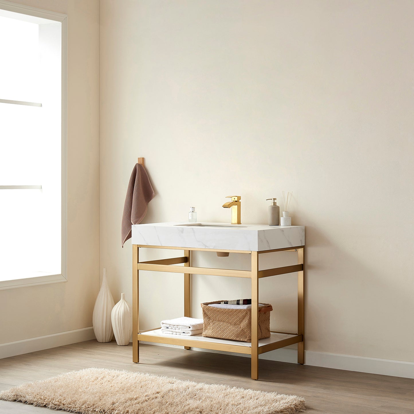 Vinnova, Funes 36" Single Sink Bath Vanity in Brushed Gold Metal Support with White Sintered Stone Top