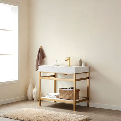 Vinnova, Funes 36" Single Sink Bath Vanity in Brushed Gold Metal Support with White Sintered Stone Top