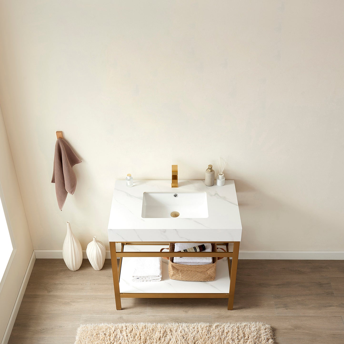 Vinnova, Funes 36" Single Sink Bath Vanity in Brushed Gold Metal Support with White Sintered Stone Top