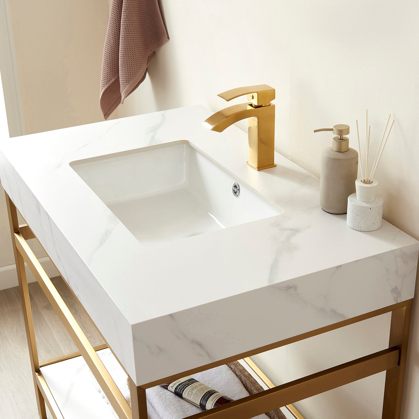Vinnova, Funes 36" Single Sink Bath Vanity in Brushed Gold Metal Support with White Sintered Stone Top