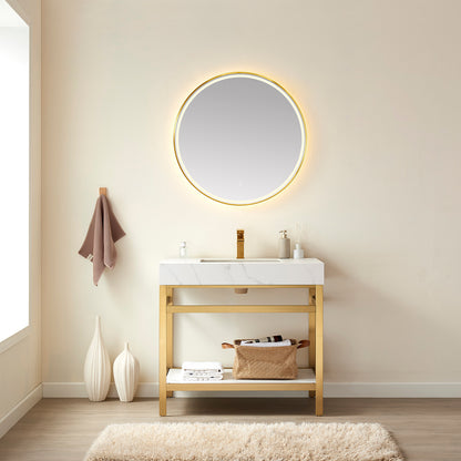 Vinnova, Funes 36" Single Sink Bath Vanity in Brushed Gold Metal Support with White Sintered Stone Top and Mirror