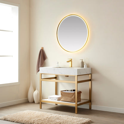 Vinnova, Funes 36" Single Sink Bath Vanity in Brushed Gold Metal Support with White Sintered Stone Top and Mirror