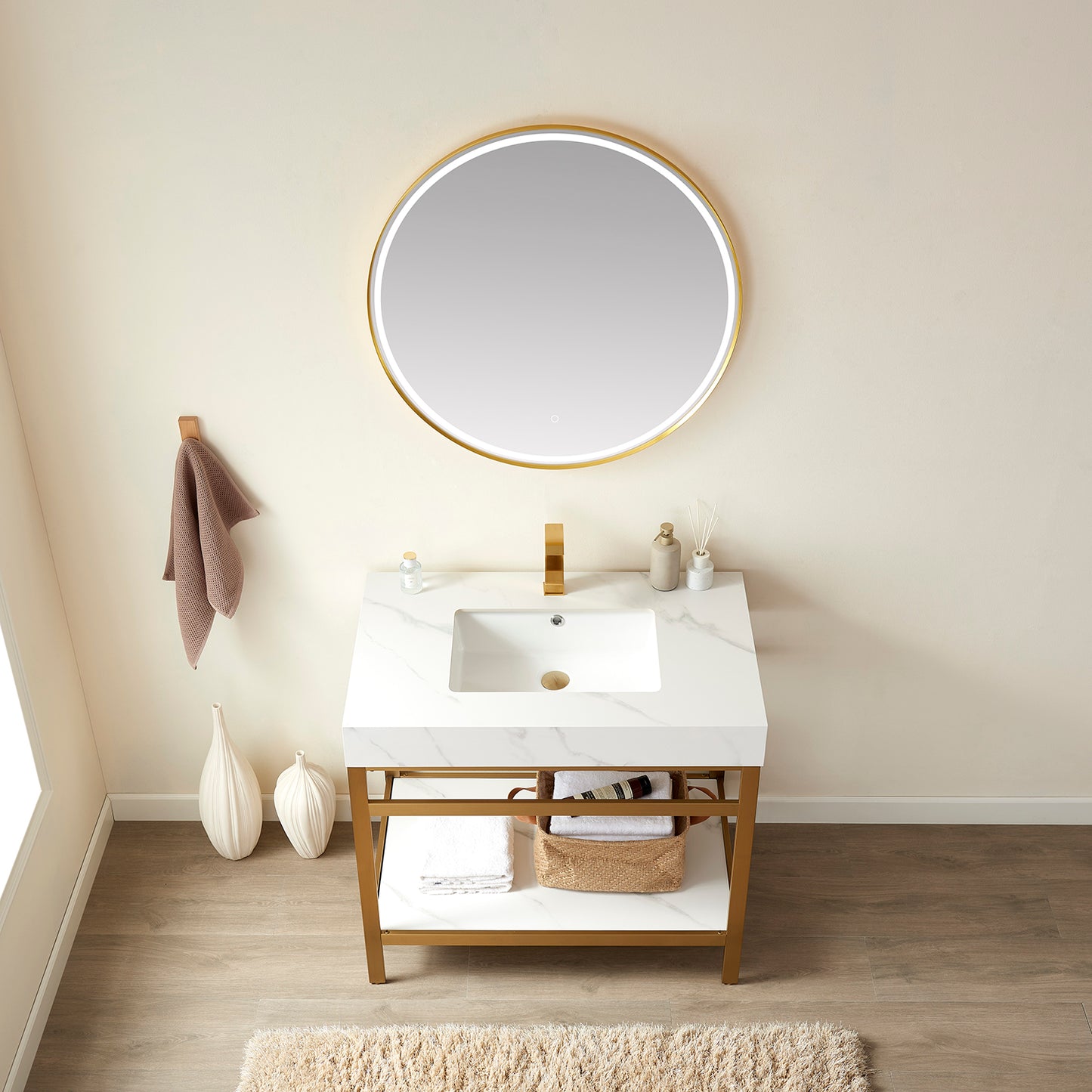 Vinnova, Funes 36" Single Sink Bath Vanity in Brushed Gold Metal Support with White Sintered Stone Top and Mirror