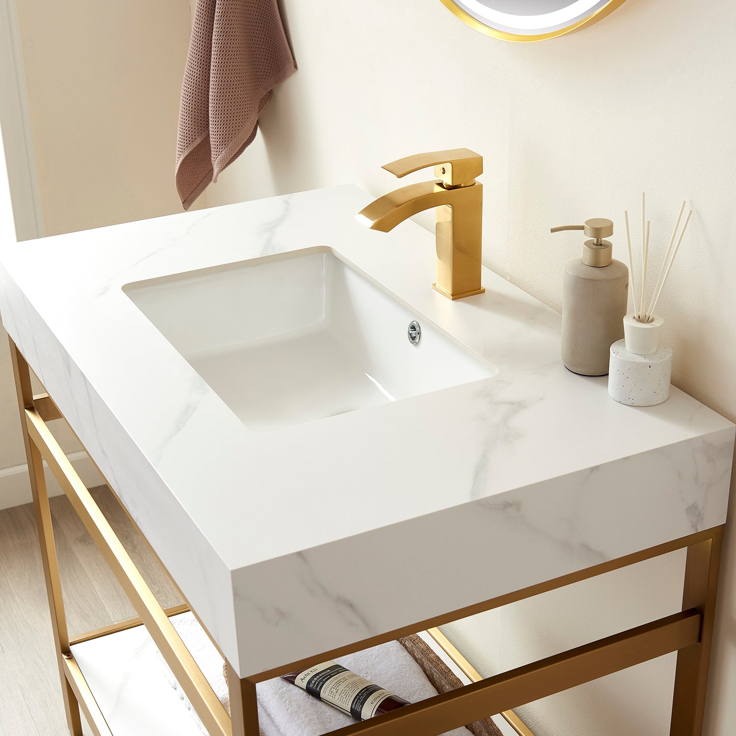 Vinnova, Funes 36" Single Sink Bath Vanity in Brushed Gold Metal Support with White Sintered Stone Top and Mirror