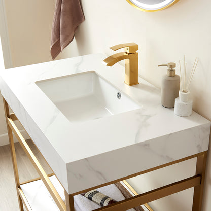 Vinnova, Funes 36" Single Sink Bath Vanity in Brushed Gold Metal Support with White Sintered Stone Top and Mirror