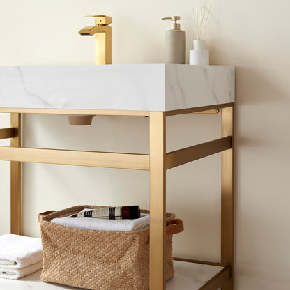Vinnova, Funes 36" Single Sink Bath Vanity in Brushed Gold Metal Support with White Sintered Stone Top and Mirror