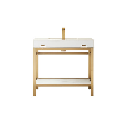 Vinnova, Funes 36" Single Sink Bath Vanity in Brushed Gold Metal Support with White Sintered Stone Top and Mirror