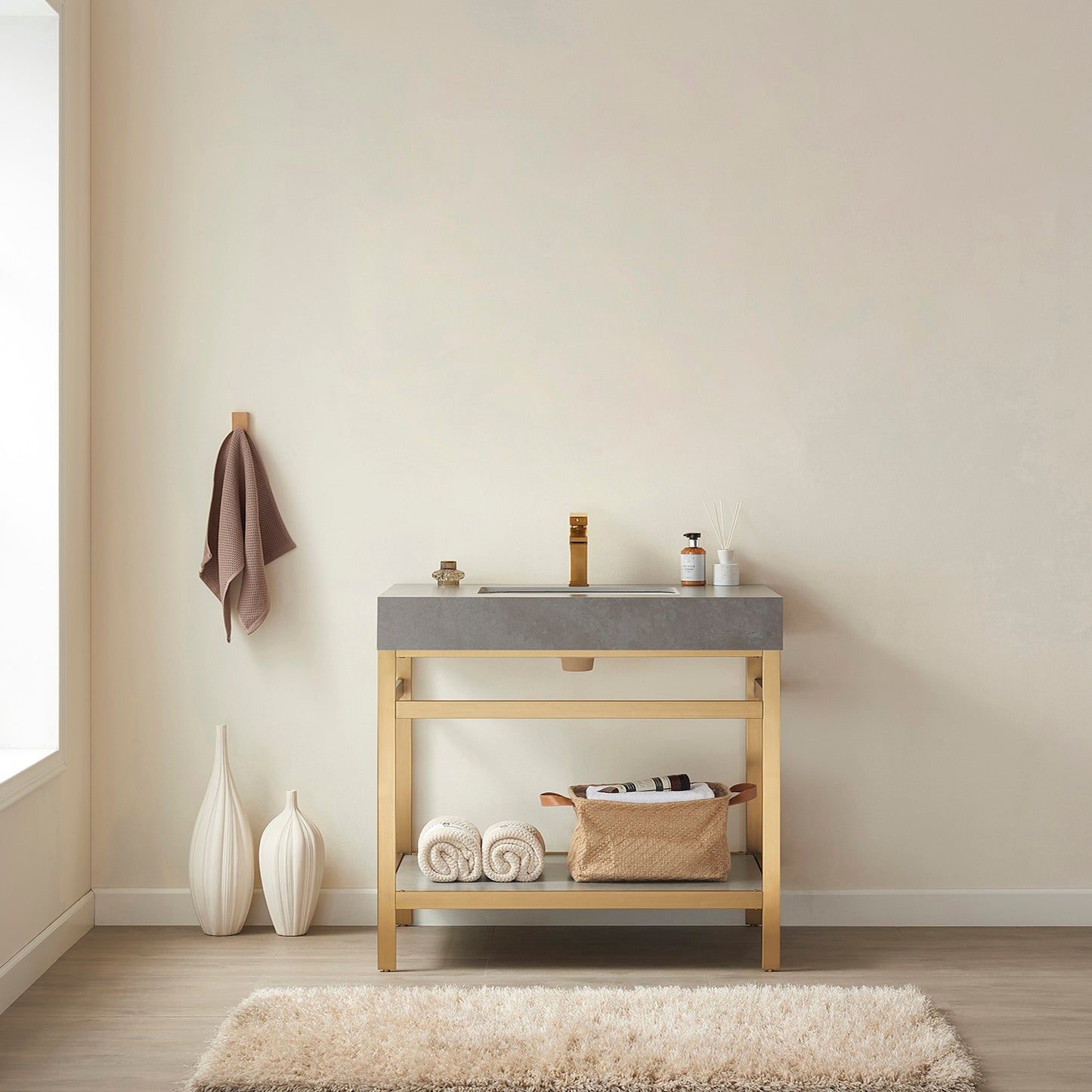 Vinnova, Funes 36" Single Sink Bath Vanity in Brushed Gold Metal Support with Grey Sintered Stone Top