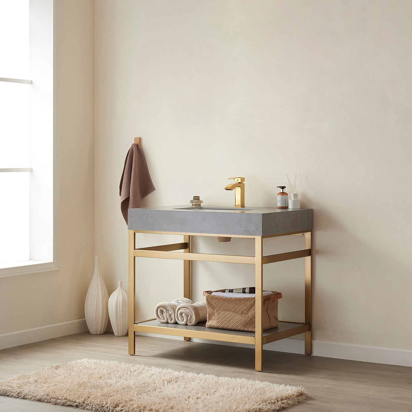 Vinnova, Funes 36" Single Sink Bath Vanity in Brushed Gold Metal Support with Grey Sintered Stone Top