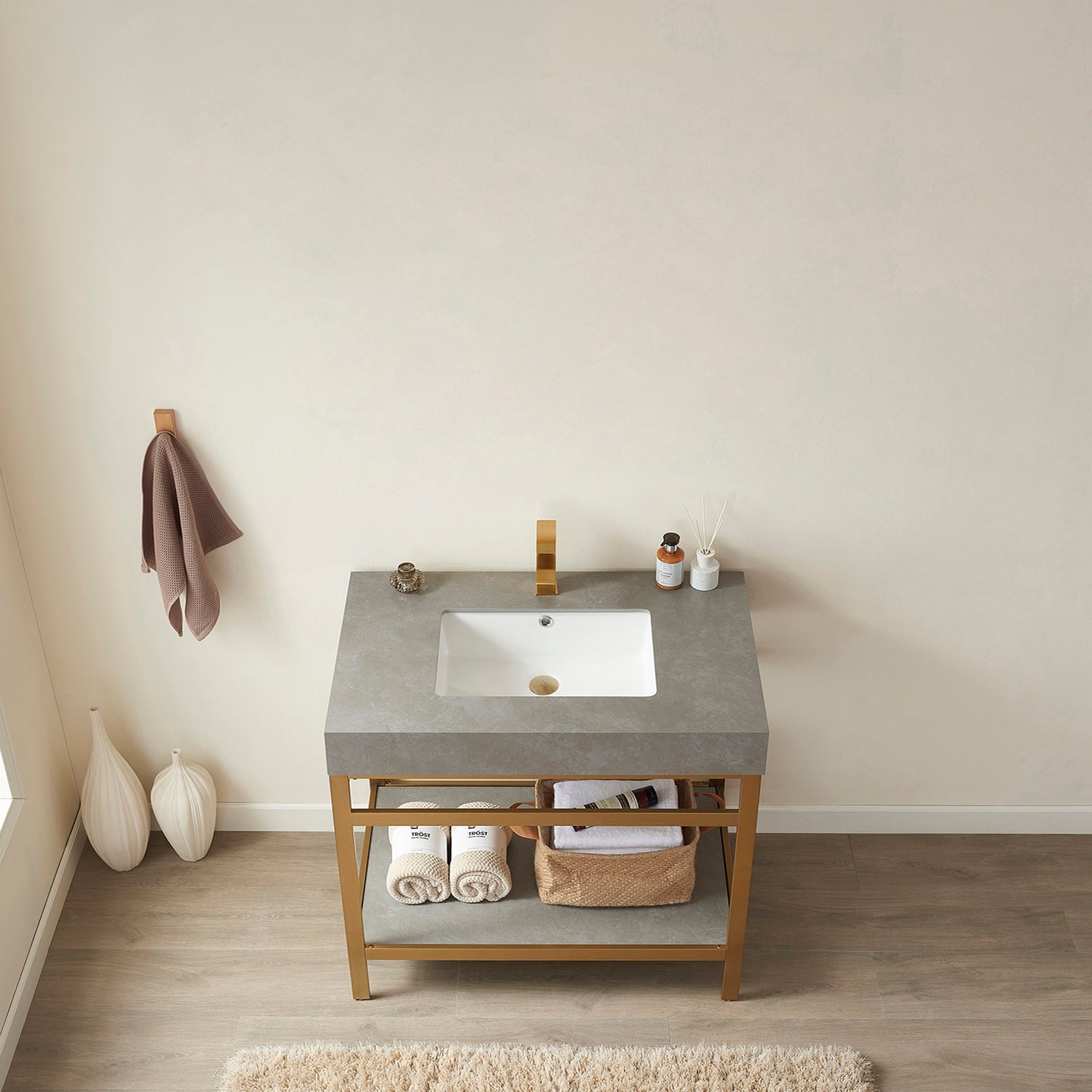 Vinnova, Funes 36" Single Sink Bath Vanity in Brushed Gold Metal Support with Grey Sintered Stone Top
