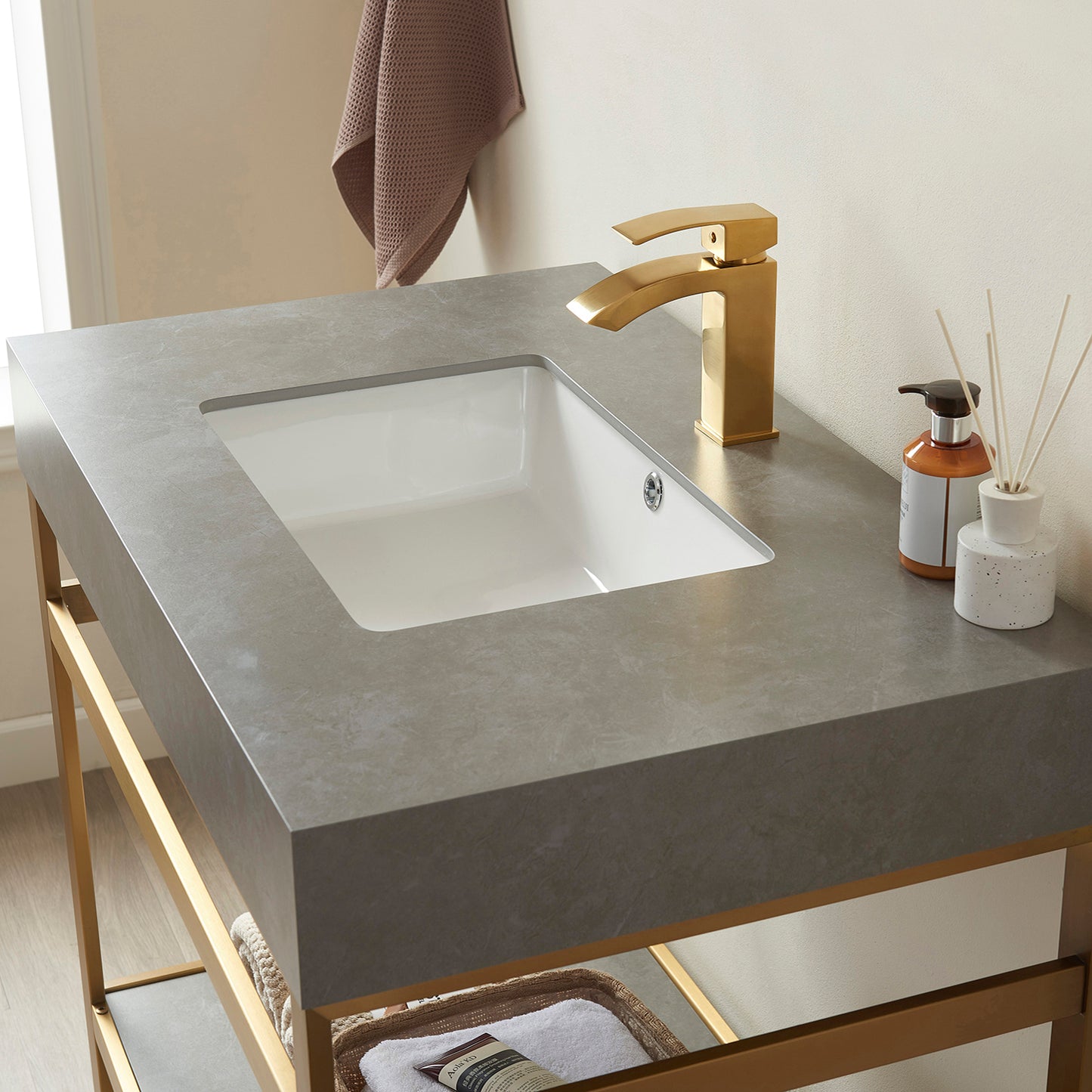 Vinnova, Funes 36" Single Sink Bath Vanity in Brushed Gold Metal Support with Grey Sintered Stone Top