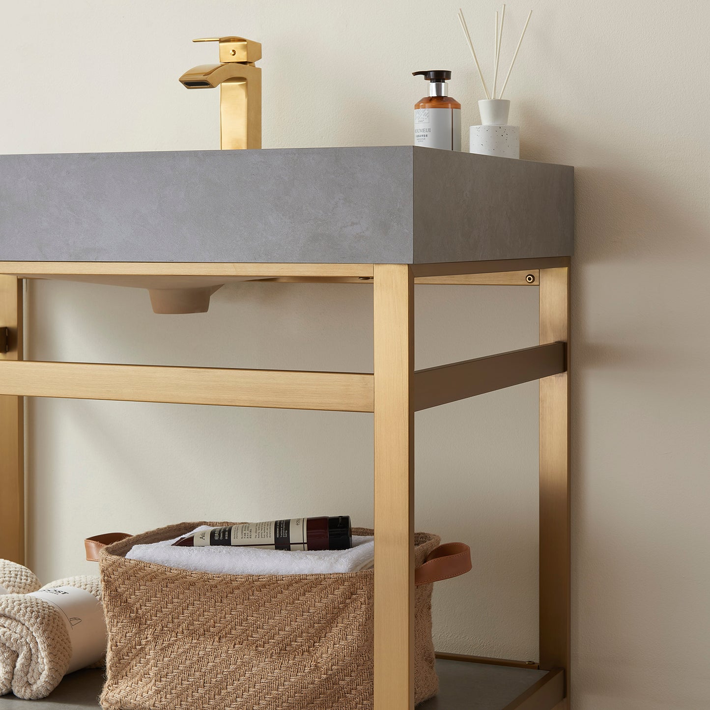 Vinnova, Funes 36" Single Sink Bath Vanity in Brushed Gold Metal Support with Grey Sintered Stone Top