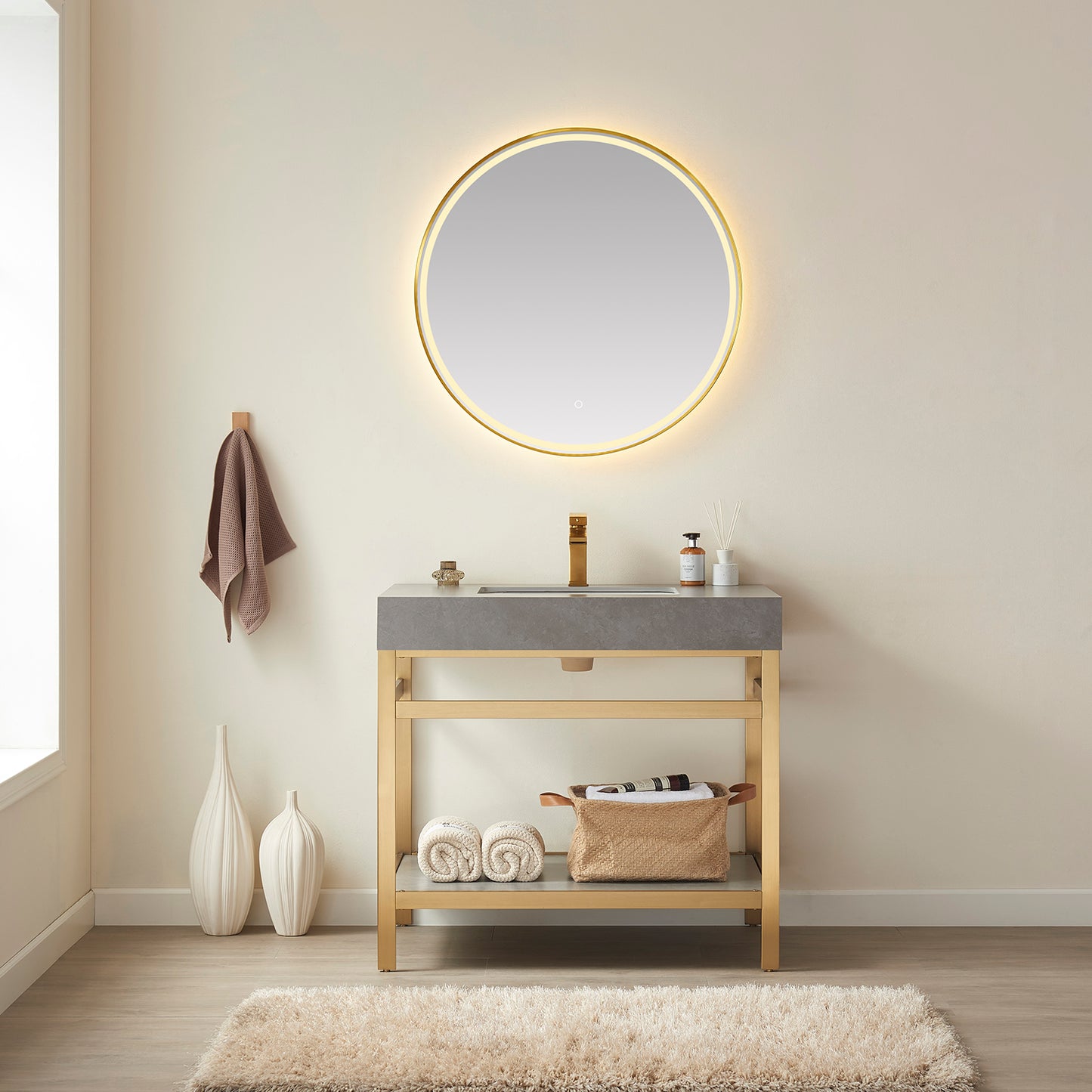 Vinnova, Funes 36" Single Sink Bath Vanity in Brushed Gold Metal Support with Grey Sintered Stone Top and Mirror