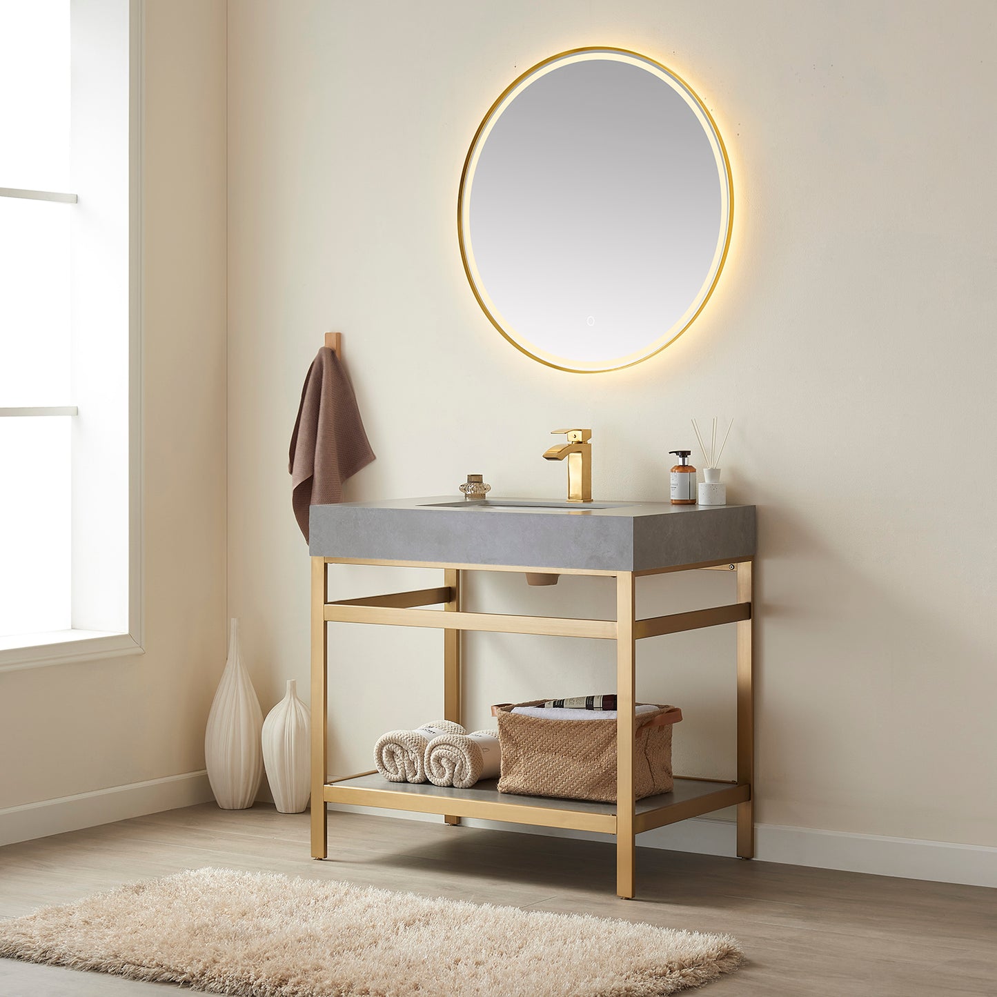 Vinnova, Funes 36" Single Sink Bath Vanity in Brushed Gold Metal Support with Grey Sintered Stone Top and Mirror