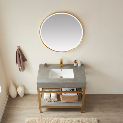 Vinnova, Funes 36" Single Sink Bath Vanity in Brushed Gold Metal Support with Grey Sintered Stone Top and Mirror